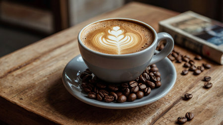 Coffee cup with latte art on wooden table in coffee shop