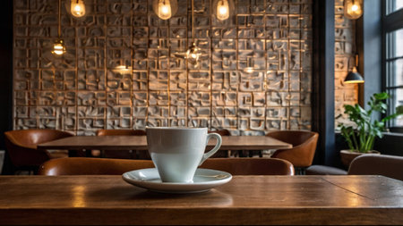 Coffee cup on wooden table in coffee shop, stock photoの写真素材