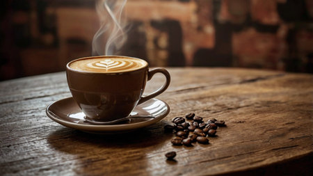 Coffee cup with latte art on wooden table and coffee beansの写真素材