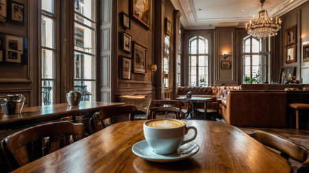 Coffee cup in a cafe, vintage style, retro.の写真素材