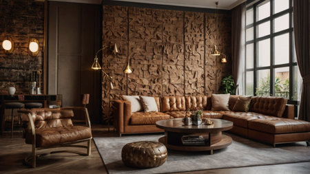Interior of living room with brown leather sofa, coffee table and wooden wallの写真素材