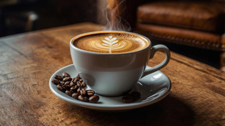 Coffee cup with latte art on wooden table in coffee shopの写真素材
