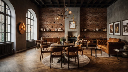Interior of a modern restaurant with brick walls and wooden floor.の写真素材
