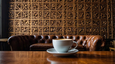 Coffee cup on wooden table in coffee shop with brown leather sofaの写真素材