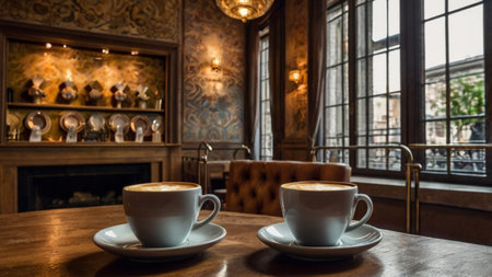 Coffee cup on the table in a cafe, vintage styleの写真素材