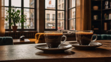 Two cups of coffee on a wooden table in a cafe. Selective focus.の写真素材