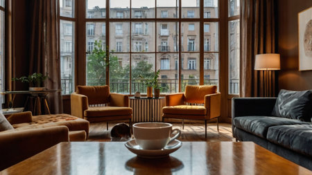 Luxury living room interior design with sofa, coffee cup and bookshelvesの写真素材