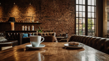 Coffee cup and cake on wooden table in cafe, stock photoの写真素材