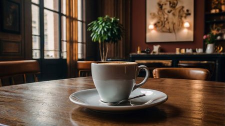 Coffee cup on wooden table in coffee shop, stock photoの写真素材