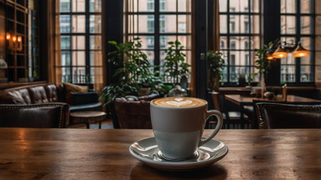 Coffee cup on wooden table in coffee shop, stock photo
