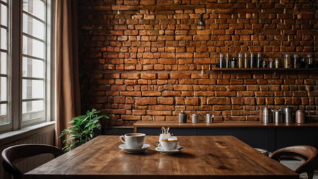 Coffee cup on wooden table and brick wall background in coffee shop