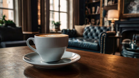 Coffee cup on wooden table in coffee shop, stock photoの写真素材