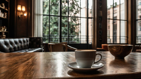 Coffee cup on wooden table in coffee shop, stock photoの写真素材