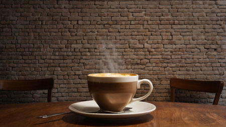 Coffee cup on the wooden table with brick wall background.