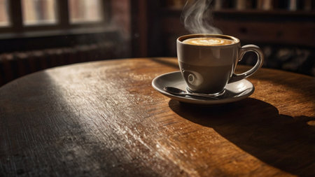 Coffee cup on wooden table in coffee shop, stock photoの写真素材