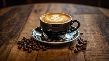 Coffee cup with latte art on wooden table background.