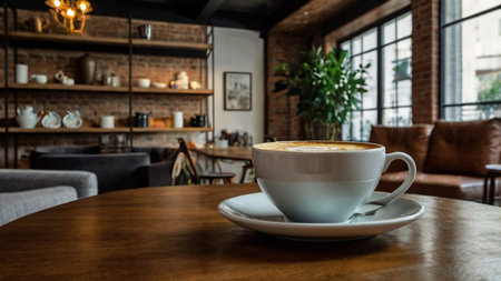 Coffee cup on wooden table in coffee shop, stock photo
