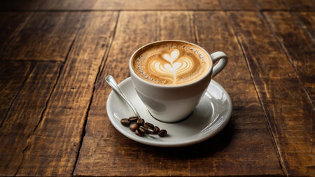 Coffee cup with latte art on the wooden table.の写真素材