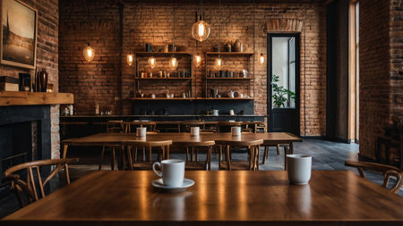 Coffee shop interior in loft style with brick wall, wooden table and chairs