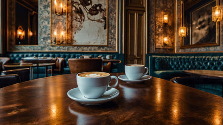 Coffee cup on wooden table in coffee shop, stock photoの写真素材