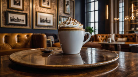 Coffee cup with whipped cream on wooden table in coffee shop