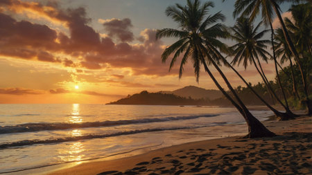 Beautiful sunset on the beach with palm trees, Seychellesの写真素材