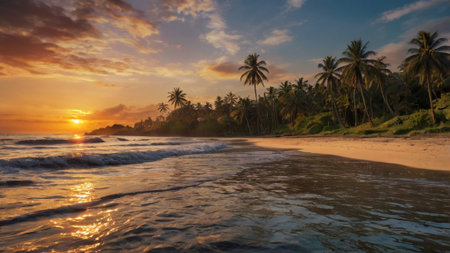 Tropical beach with palm trees at sunset, Sri Lanka.の写真素材