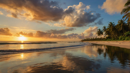 Tropical beach with palm trees at sunset.の写真素材