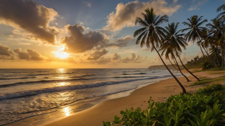 Tropical beach with palm trees at sunset in Sri Lanka.