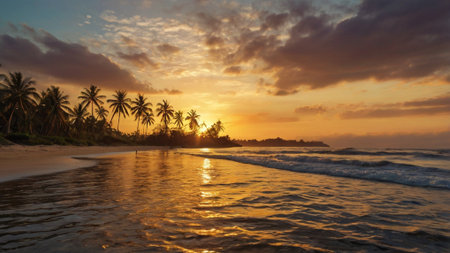 Tropical beach with palm trees at sunset, Sri Lanka.の写真素材