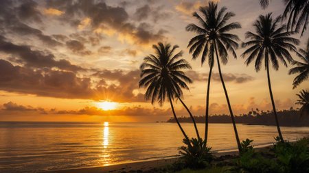 Palm trees on the beach at sunset. Beautiful tropical background.