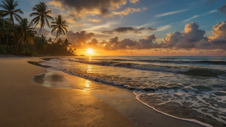 Tropical beach with palm trees at sunset, Sri Lanka.の写真素材