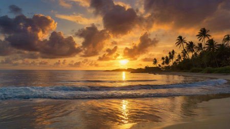 Sunset at the beach on the caribbean coast of Barbadosの写真素材