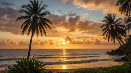 Beautiful sunset on the beach with palm trees and sea in backgroundの写真素材