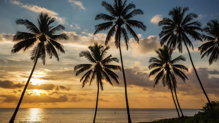 Silhouette of coconut palm trees on the beach at sunset.