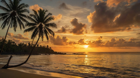 Palm trees on the beach at sunset in the tropics.