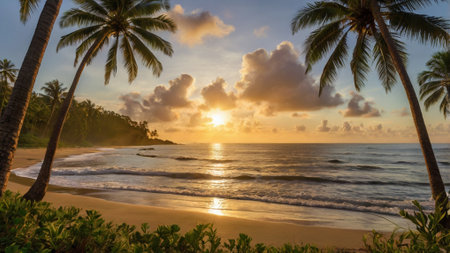 Palm trees on the beach at sunset, Seychellesの写真素材