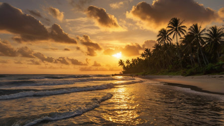 Tropical beach with palm trees at sunset in Sri Lanka.の写真素材