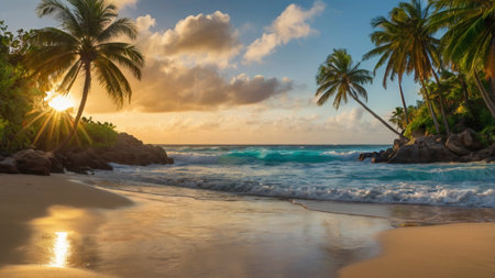 Tropical beach with palm trees at sunset, Seychellesの写真素材