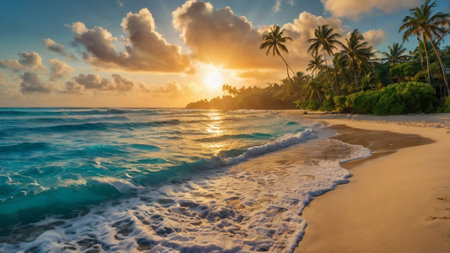 Tropical beach with palm trees at sunset, Seychellesの写真素材