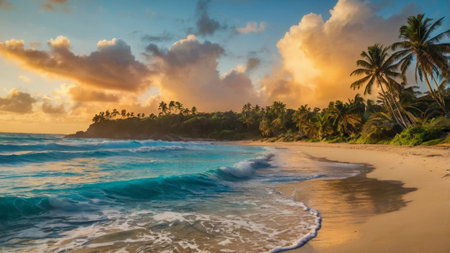 Tropical beach with palm trees at sunset, Seychellesの写真素材
