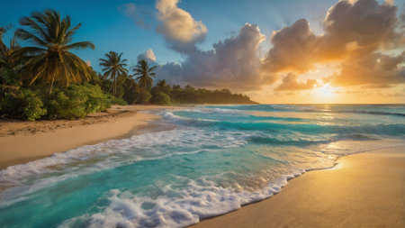 Tropical beach with palm trees at sunset, Seychellesの写真素材