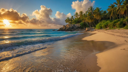 Panorama of beautiful tropical beach at sunset, Seychellesの写真素材