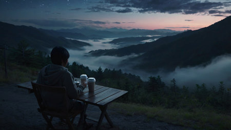 Young man drinking coffee and looking at the beautiful landscape in the morningの写真素材