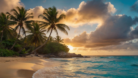 Tropical beach with palm trees at sunset, Seychelles