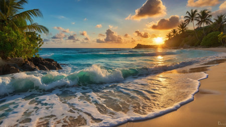 Beautiful sunset on an exotic beach at Seychelles.の写真素材