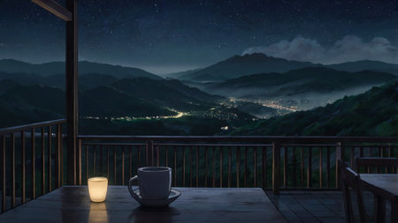 Coffee cup on balcony at night with beautiful landscape view.の写真素材