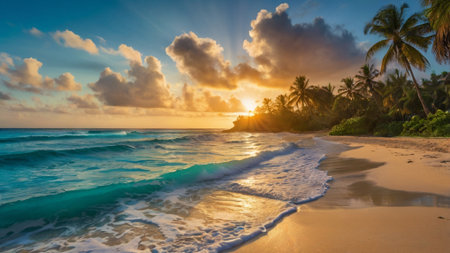 Tropical beach with palm trees at sunset, Seychellesの写真素材
