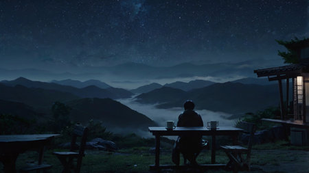 Mountain landscape at night with a man sitting in a cafe and watching the Milky Wayの写真素材