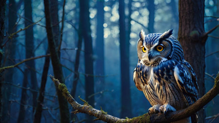 Beautiful owl sitting on a tree branch in a dark forest.の写真素材